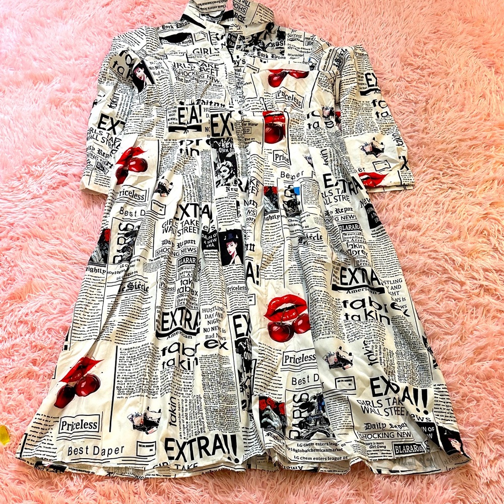 Newspaper Print Shirt Dress with Red Accents